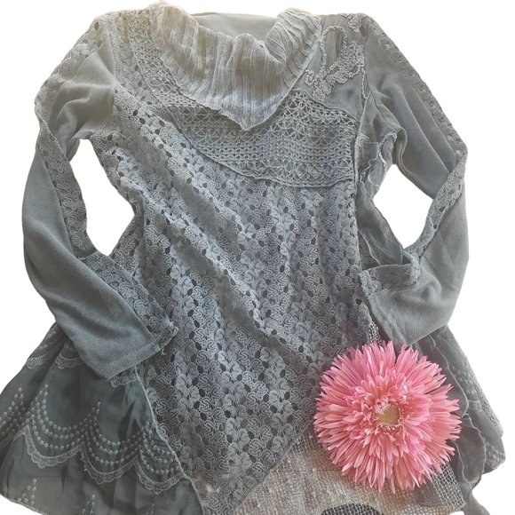 Simply Couture Lace Blouse Long Sleeve Cowl Neck Chiffon Layers Shirt - Picture 6 of 14